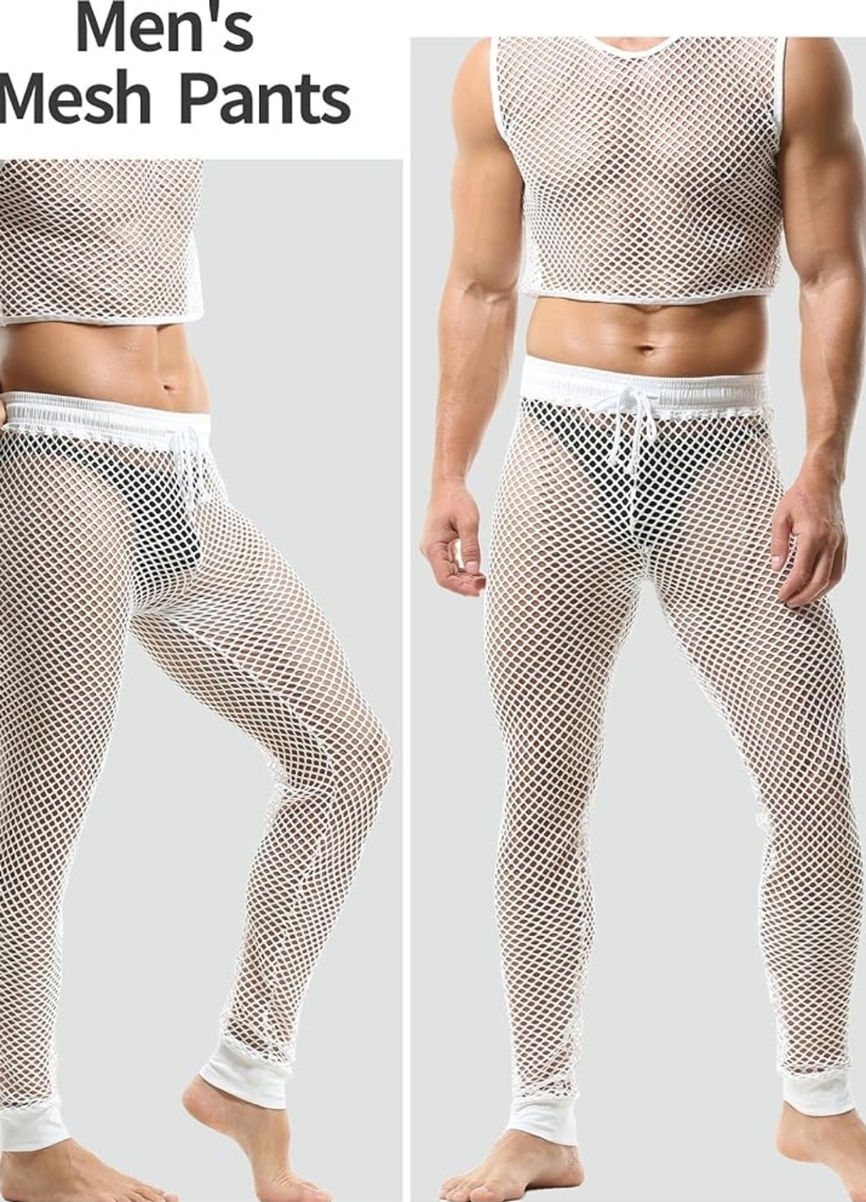 Men’s Mesh Fishnet Pants See Through with Adjustable Waistband, White XXL
